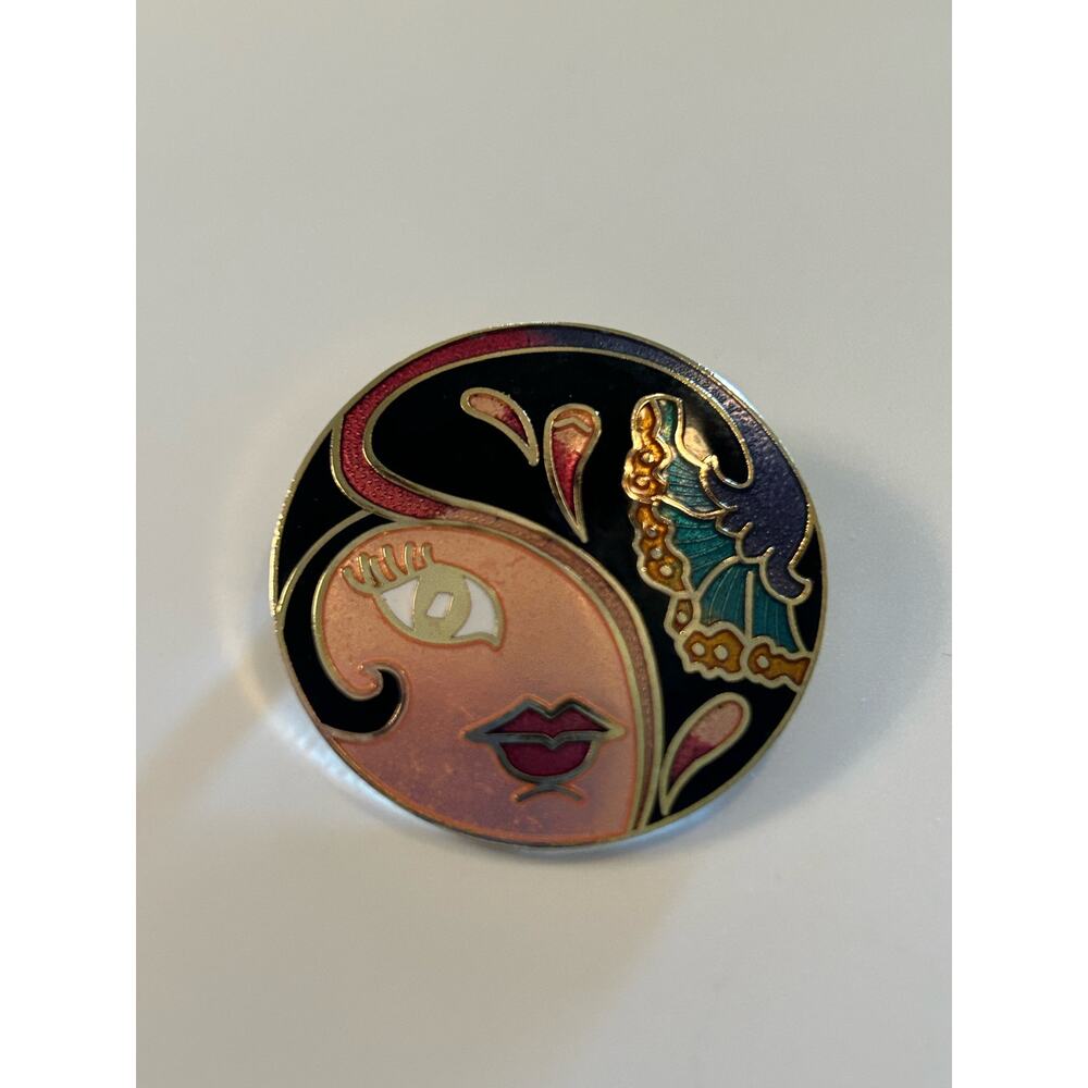 Vtg Art Deco Style Lady Cloisonne Brooch Pin